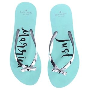 KATE SPADE Just Married teal flip flops silver bow
